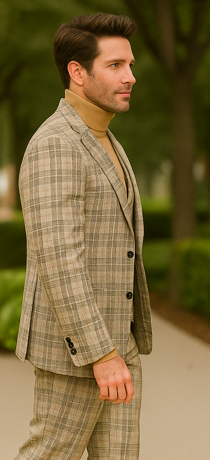 Burberry Pattern Suit - Mens Church Suit with Mixture of Black and Red Checkered Window Pane Fabric Suit in Tan Color - Image 7