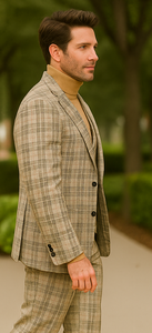 Burberry Pattern Suit - Mens Church Suit with Mixture of Black and Red Checkered Window Pane Fabric Suit in Tan Color