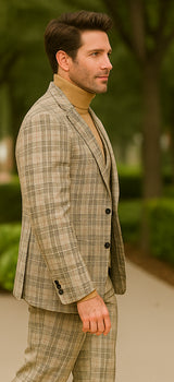 Burberry Pattern Suit - Mens Church Suit with Mixture of Black and Red Checkered Window Pane Fabric Suit in Tan Color - Image 7