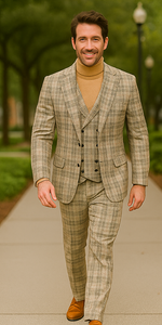 Burberry Pattern Suit - Mens Church Suit with Mixture of Black and Red Checkered Window Pane Fabric Suit in Tan Color