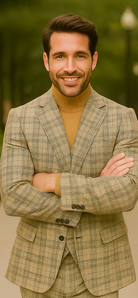 Burberry Pattern Suit - Mens Church Suit with Mixture of Black and Red Checkered Window Pane Fabric Suit in Tan Color - Image 9