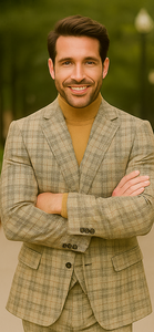 Burberry Pattern Suit - Mens Church Suit with Mixture of Black and Red Checkered Window Pane Fabric Suit in Tan Color