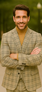 Burberry Pattern Suit - Mens Church Suit with Mixture of Black and Red Checkered Window Pane Fabric Suit in Tan Color