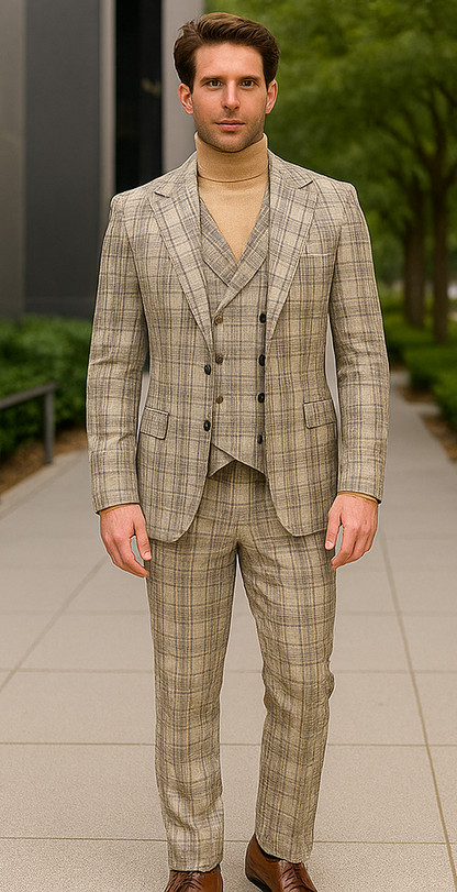 Burberry Pattern Suit - Mens Church Suit with Mixture of Black and Red Checkered Window Pane Fabric Suit in Tan Color - Image 8