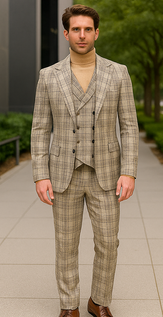 Burberry Pattern Suit - Mens Church Suit with Mixture of Black and Red Checkered Window Pane Fabric Suit in Tan Color - Image 8