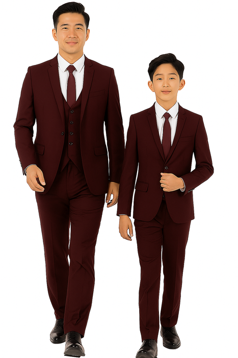 Father and Son Suits - Burgundy Boys Suit Perry Ellis Vested Boy's Wedding Suit in Burgundy
