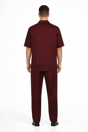 New Mens 2pc Walking Suit Short Sleeve Casual Shirt and Pants Set - Burgundy