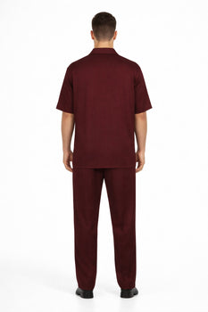 New Mens 2pc Walking Suit Short Sleeve Casual Shirt and Pants Set - Burgundy