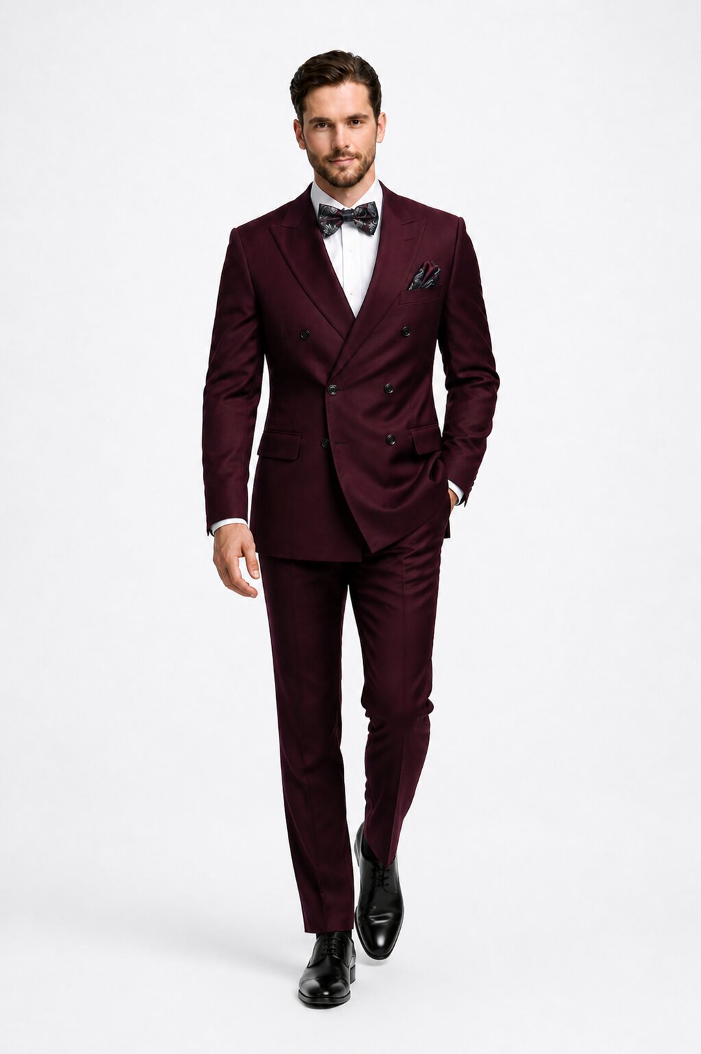 Men's Designer Double Breasted Wool Suit in Burgundy Modern Fit