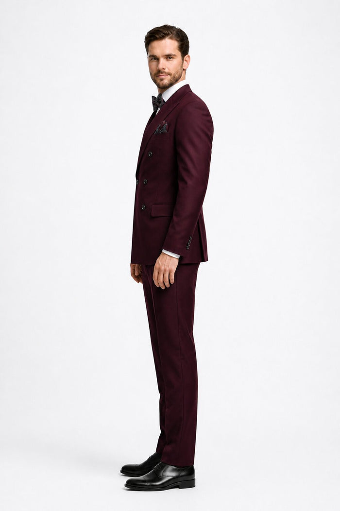 Men's Designer Double Breasted Wool Suit in Burgundy Modern Fit