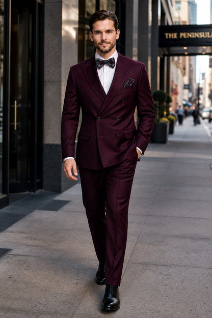 Men's Designer Double Breasted Wool Suit in Burgundy Modern Fit