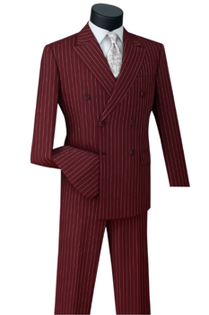 Men's burgundy gangster pinstripe suit with bold 1920s vintage styling
