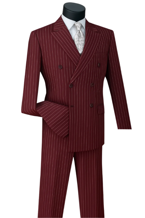 Men's burgundy gangster pinstripe suit with bold 1920s vintage styling