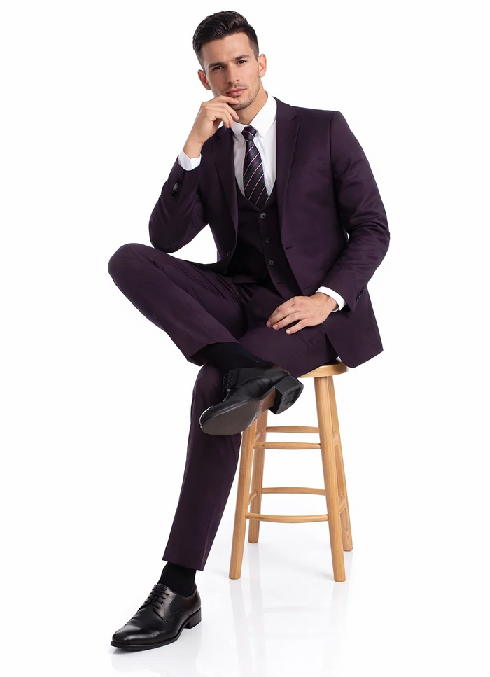 "Burgundy Men's Skinny Fit Vested Suit - Two Button Style" - Image 3
