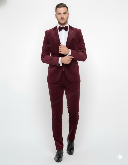 Burgundy Modern Stylish Ensemble Velvet Suit