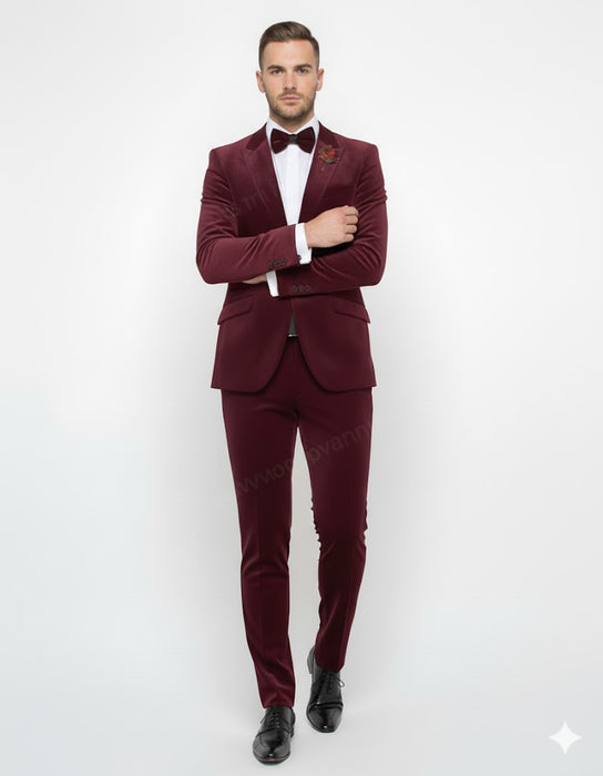 Burgundy Modern Stylish Ensemble Velvet Suit