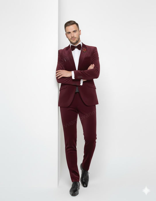 Burgundy Modern Stylish Ensemble Velvet Suit