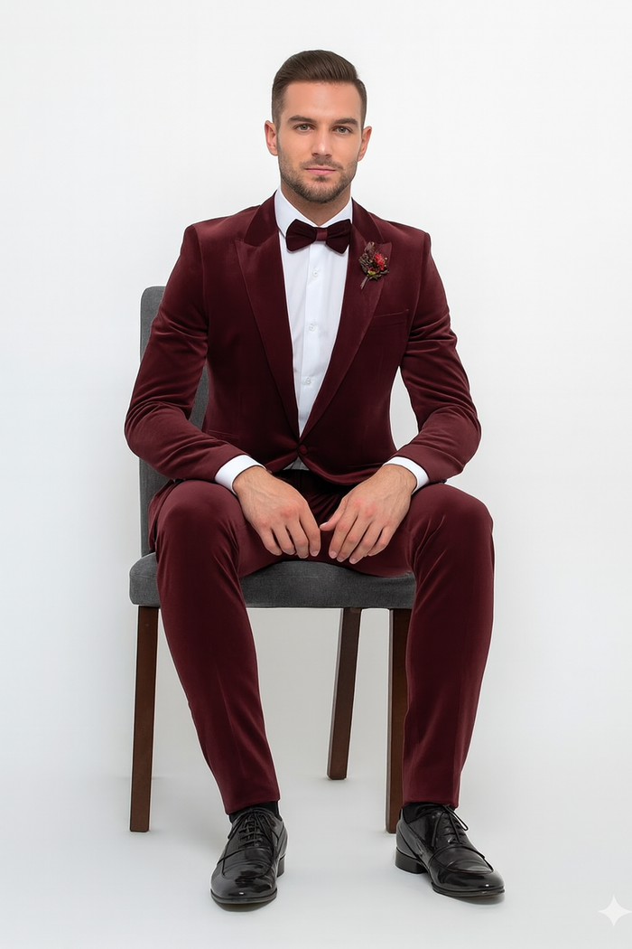 Burgundy Modern Stylish Ensemble Velvet Suit - Image 8