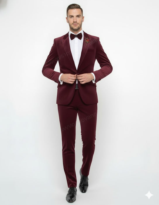 Burgundy Modern Stylish Ensemble Velvet Suit