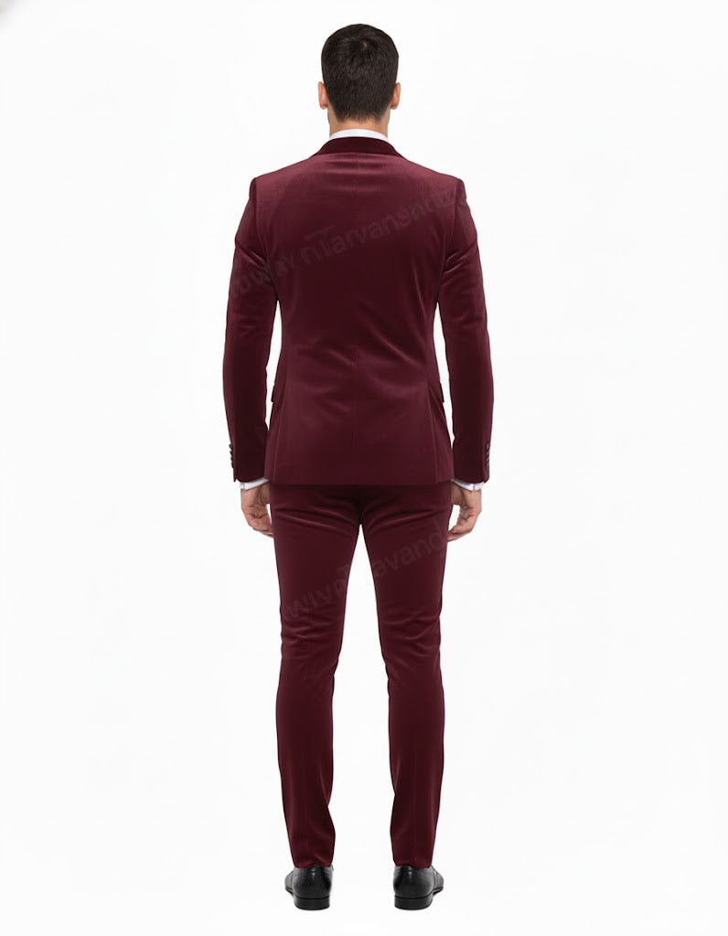 Burgundy Modern Stylish Ensemble Velvet Suit - Image 2