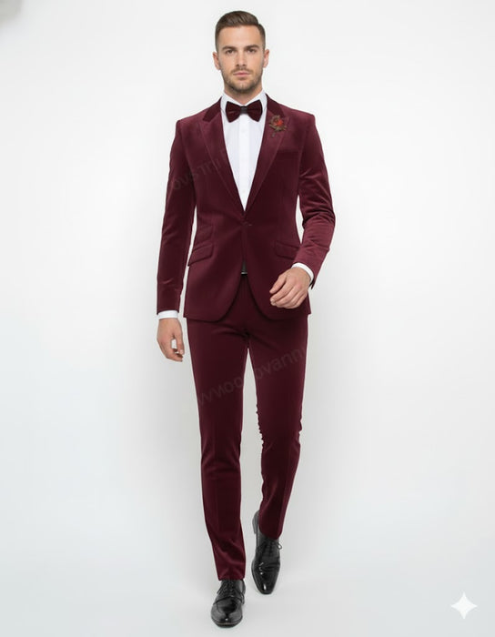 Burgundy Modern Stylish Ensemble Velvet Suit