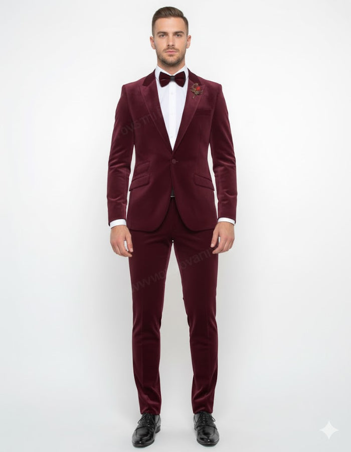 Burgundy Modern Stylish Ensemble Velvet Suit - Image 7