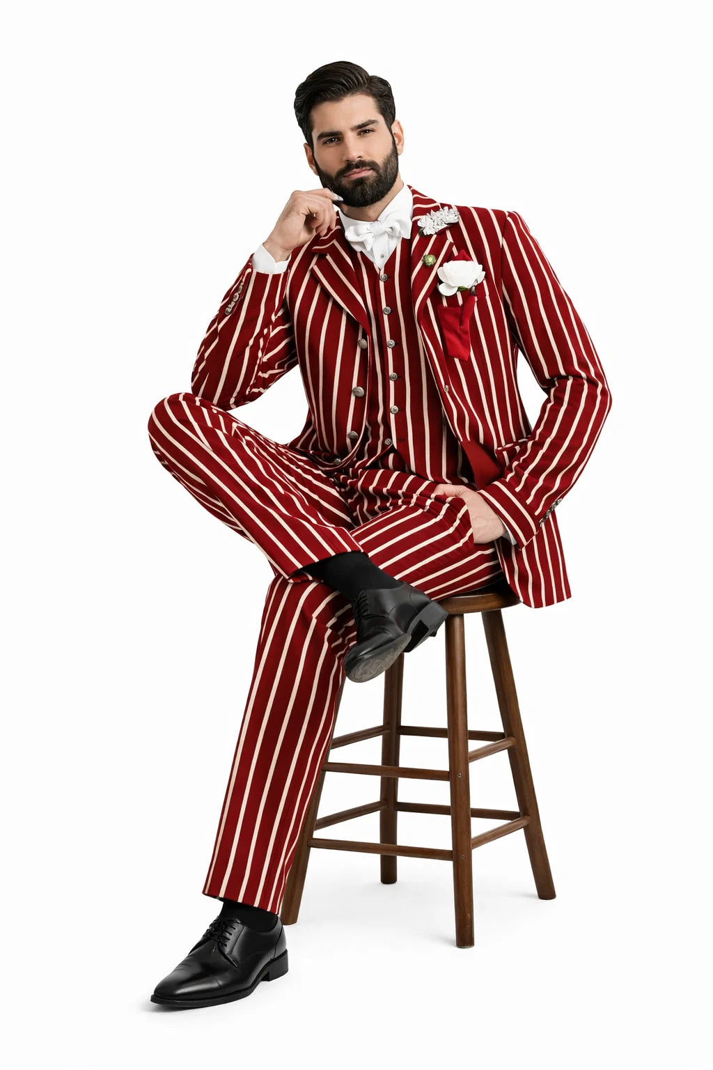 Burgundy Pinstripe Suit - Mens 1920s Gangster Pinstripe Suit - Chalk Pinstripe - Image 2