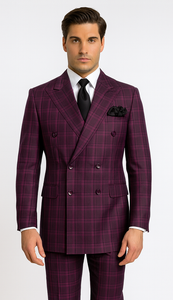 Burgundy Plaid Suit for Men – Rossiman Double-Breasted Windowpane Two-Piece