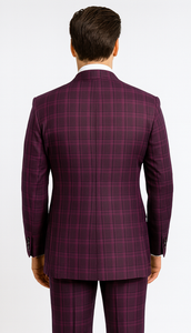 Burgundy Plaid Suit for Men – Rossiman Double-Breasted Windowpane Two-Piece
