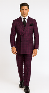 Burgundy Plaid Suit for Men – Rossiman Double-Breasted Windowpane Two-Piece