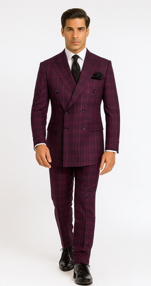 Burgundy Plaid Suit for Men – Rossiman Double-Breasted Windowpane Two-Piece