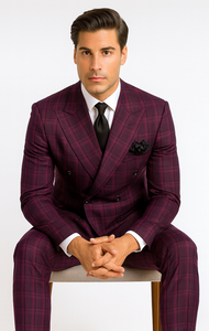 Burgundy Plaid Suit for Men – Rossiman Double-Breasted Windowpane Two-Piece