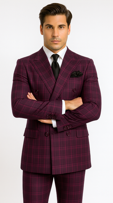 Burgundy Plaid Suit for Men – Rossiman Double-Breasted Windowpane Two-Piece