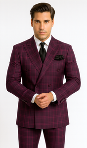 Burgundy Plaid Suit for Men – Rossiman Double-Breasted Windowpane Two-Piece