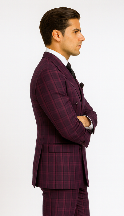 Burgundy Plaid Suit for Men – Rossiman Double-Breasted Windowpane Two-Piece