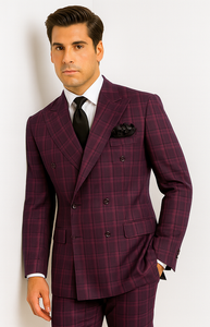 Burgundy Plaid Suit for Men – Rossiman Double-Breasted Windowpane Two-Piece