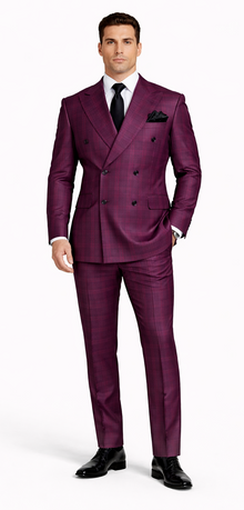 Burgundy Plaid Suit for Men – Rossiman Double-Breasted Windowpane Two-Piece