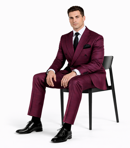 Rossiman Burgundy Suit for Men – Peak Lapel 1-Button Jacket & Double-Breasted Vest
