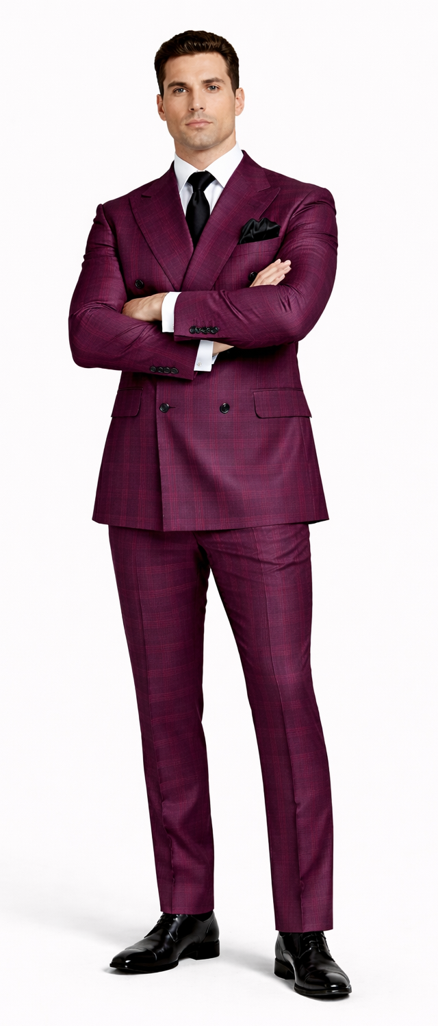 Rossiman Burgundy Suit for Men – Peak Lapel 1-Button Jacket & Double-Breasted Vest