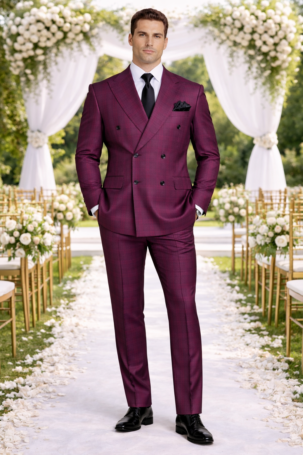 Rossiman Burgundy Suit for Men – Peak Lapel 1-Button Jacket & Double-Breasted Vest