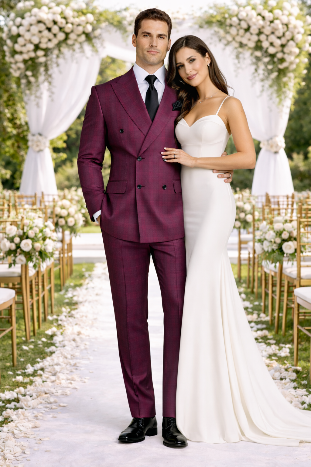 Rossiman Burgundy Suit for Men – Peak Lapel 1-Button Jacket & Double-Breasted Vest