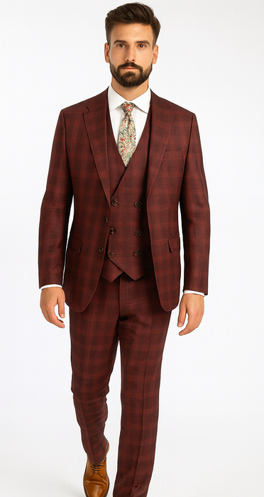 Burgundy Plaid Suits - Maroon Windowpane Suits