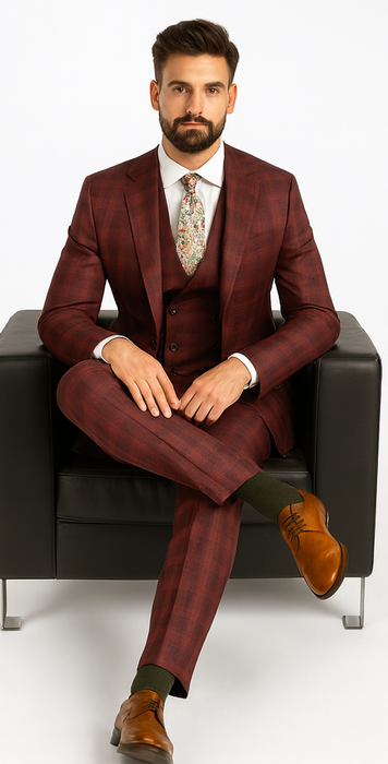 Burgundy Plaid Suits - Maroon Windowpane Suits