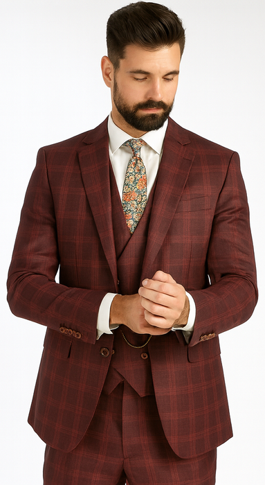Burgundy Plaid Suits - Maroon Windowpane Suits