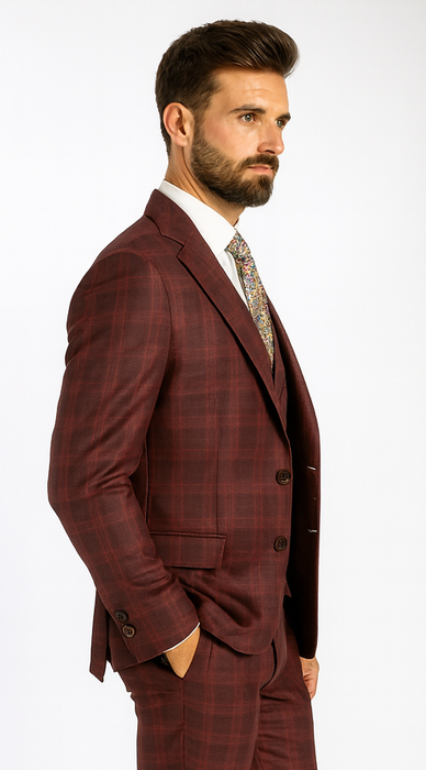 Burgundy Plaid Suits - Maroon Windowpane Suits