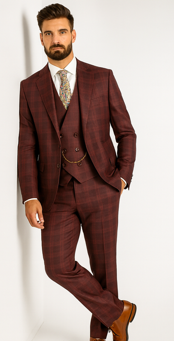 Burgundy Plaid Suits - Maroon Windowpane Suits