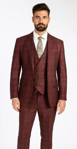 Burgundy Plaid Suits - Maroon Windowpane Suits