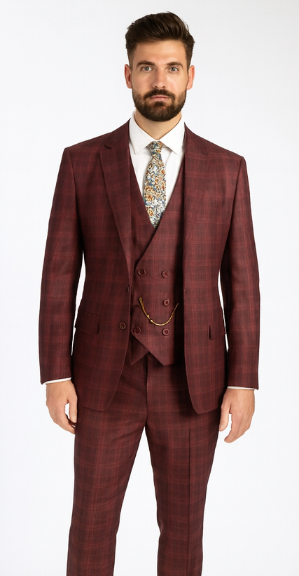 Burgundy Plaid Suits - Maroon Windowpane Suits