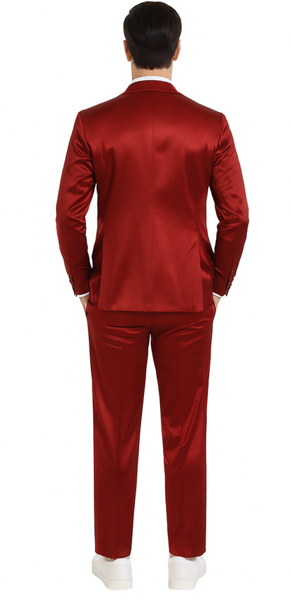Tazzio Men's Burgundy Satin Double Breasted 3 Piece Skinny Fit Suit with Peak Lapel Jacket and Vest