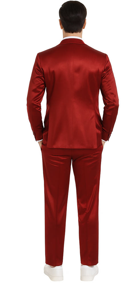 Tazzio Men's Burgundy Satin Double Breasted 3 Piece Skinny Fit Suit with Peak Lapel Jacket and Vest Modern Fit